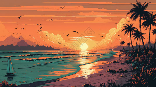 海边日落风景背景图片