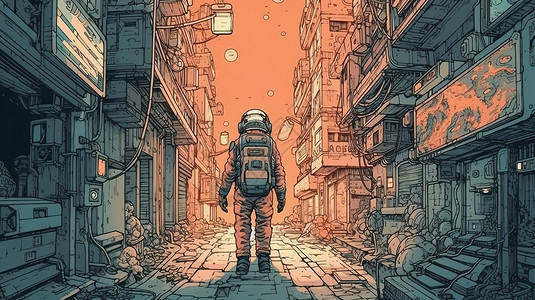无人的街道宇航员走在无人的城市插画