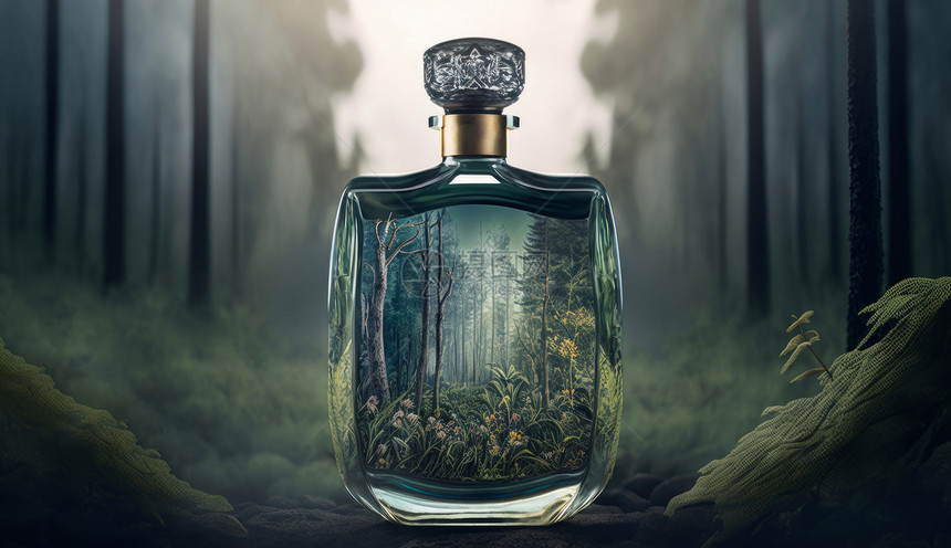 香水瓶与原生态森林图片