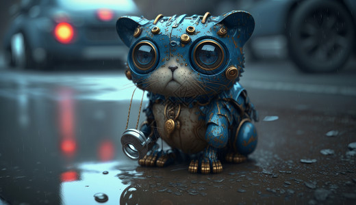 金属与水素材在湿漉漉街上机械感金属猫插画