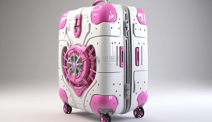 机械科技感白粉色旅行箱图片