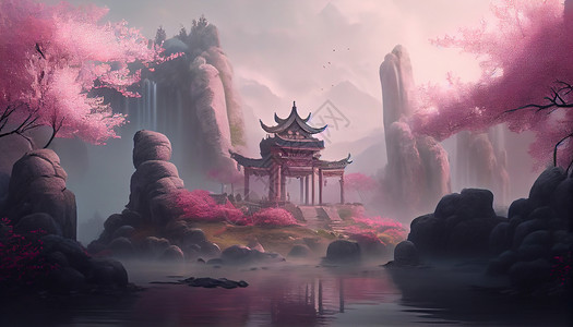 中式风景油画背景图片