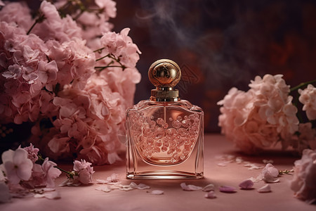 粉色花朵背景的香水图片