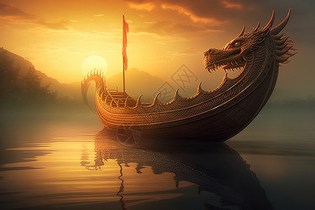 日落薄雾中的一艘龙舟高清图片