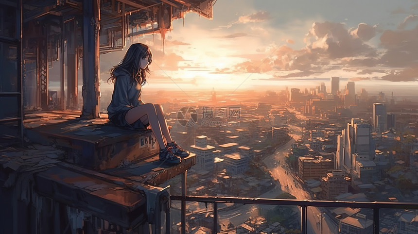 一个女孩俯瞰城市图片
