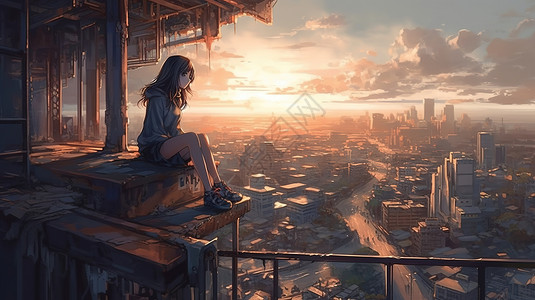 一个女孩俯瞰城市高清图片
