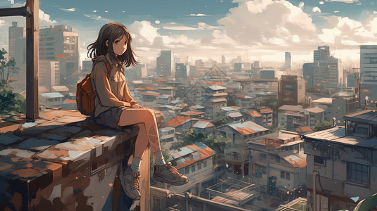 一个女孩坐在俯瞰城市的窗台上背景图片