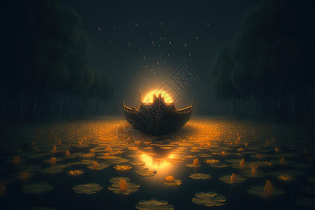 月光里湖面上的船高清图片