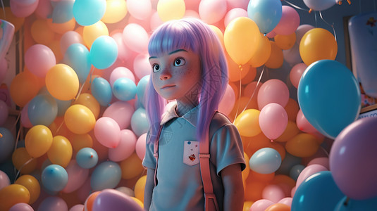 被彩色气球围绕的少女背景图片