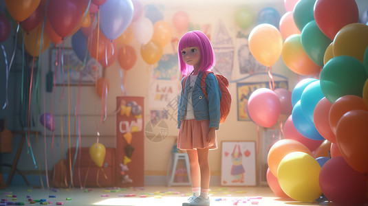 3D被彩色气球围绕的少女图片
