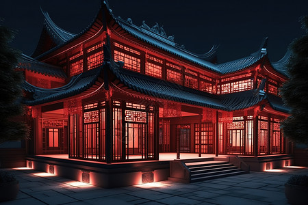 中国古镇夜景古风建筑大楼插画