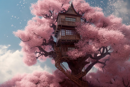 古镇金刚塔樱花树上的建筑房屋插画