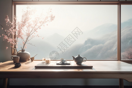 桃枝下的白色茶具背景图片