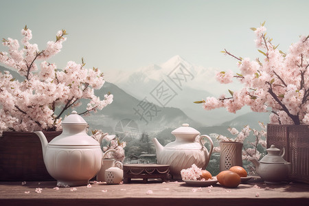 桃枝下的白色茶壶图片
