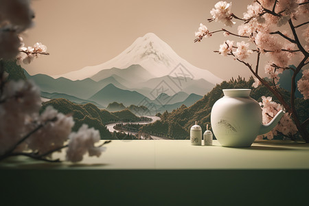平谷大桃桃枝下的白色陶瓷茶壶插画