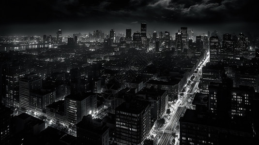 黑白灯光黑白镜头下的城市插画