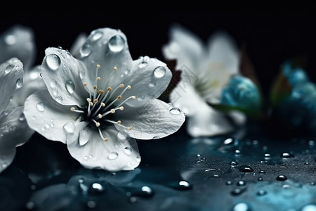 蓝色背景带着水滴的花朵背景图片