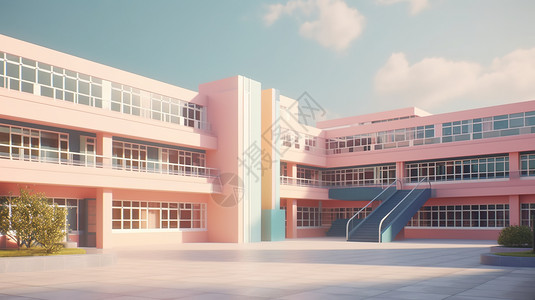 3D楼梯阳光下明亮的校园插画