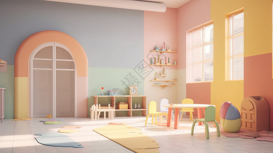 地中海儿童房明亮的幼儿园房间插画