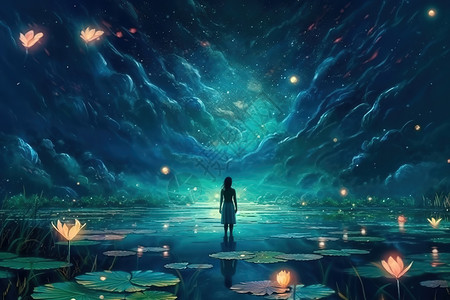 夜空中站在湖面的人背景图片