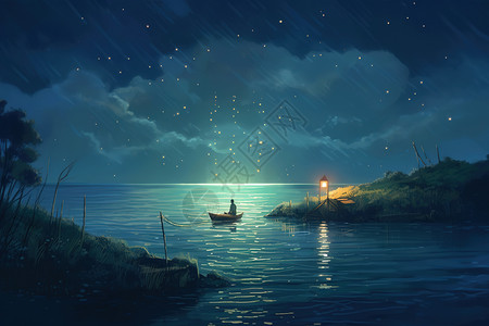 夜空上在湖上划行的木舟高清图片