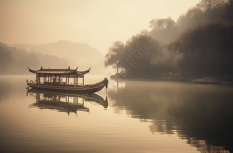 湖面行驶的古代木船图片