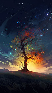 星空下的树木背景图片