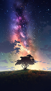 星空璀璨天空下的树木背景图片
