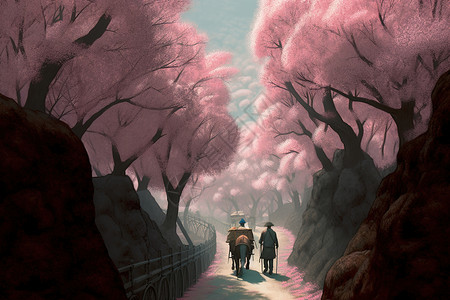 粉色花海树林背景图片