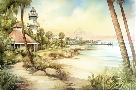 海岸海岛沙滩海湾夏季椰树插画