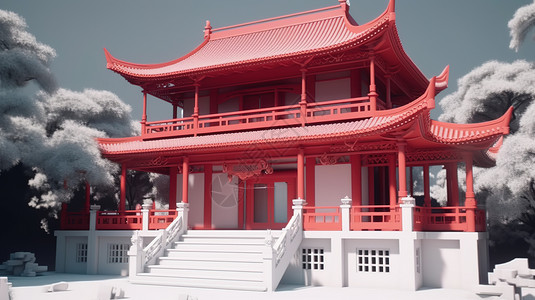 古建筑模型中国风古模型插画