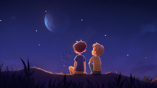 交谈男孩两个看月亮的男孩插画