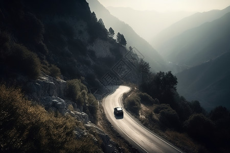 一辆汽车在一条蜿蜒陡峭的山路上行驶背景图片