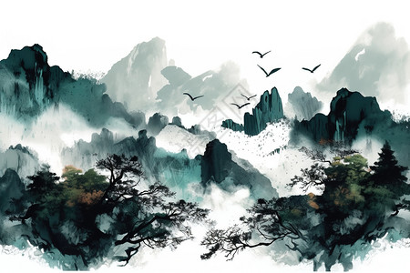 黑白群山风景画背景图片