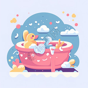 宝宝洗澡可爱婴儿卡通浴缸插画