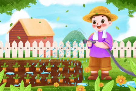 浇水花园在地里给蔬菜浇水的人插画gif动图高清图片
