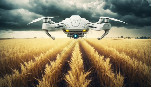 阴天无人机飞行在麦子地上空高清图片