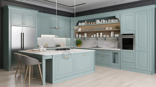 浅蓝色矢量图简约室内设计厨房背景