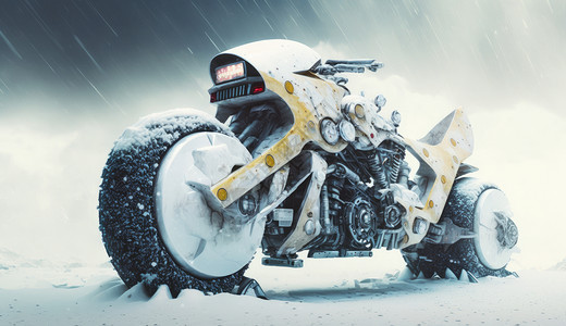 冬季轮胎在暴风雪中科幻摩托车插画