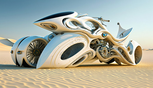 白色沙子沙漠中的科幻异形白色摩托车插画