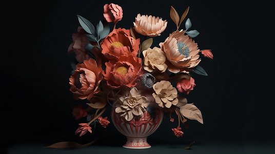 深色玻璃纸雕写实花瓶里的花朵插画