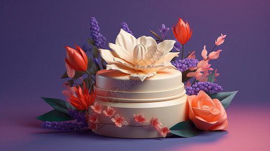 白色面霜3D花卉护肤品产品模型插画