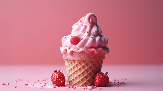 3d夏天3D美食草莓冰淇淋食品模型背景