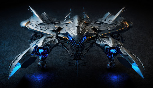 战斗机模型高级深色高科技蓝光无人机插画