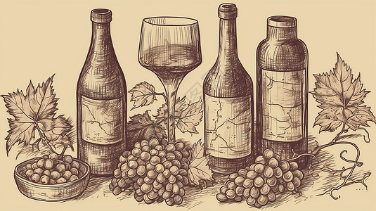 葡萄素描葡萄和葡萄酒插画