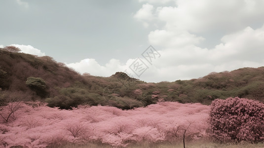 山下长着粉色植物图片