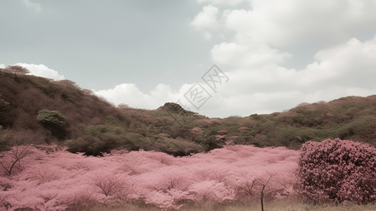 长树山下长着粉色植物插画