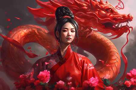 穿红衣的中国女子背景图片