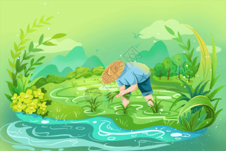 插秧节绿色自然节气谷雨插画GIF高清图片