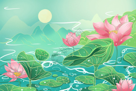 水自然国风立夏荷花节气插画GIF高清图片